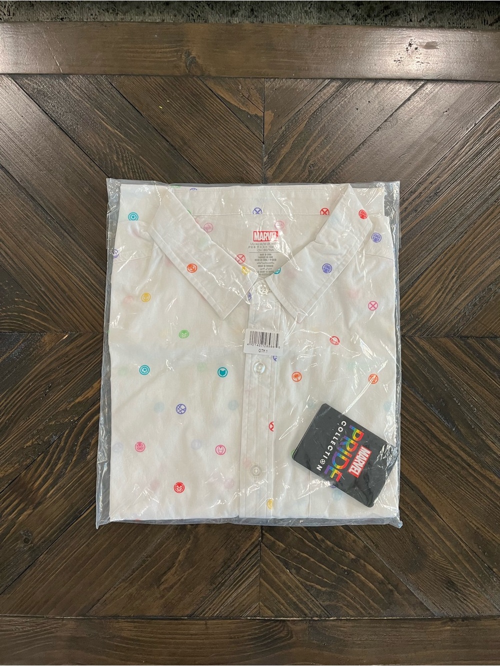 Marvel Men’s White Button-Down Shirt with Multicolor Icon Print